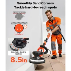 VEVOR Drywall Sander, 1150W Electric Drywall Sander, Popcorn Ceiling Removal Tool with Vacuum Dust Collection, 5 Variable Speed 800-1700 RPM, LED Light, Foldable & Extendable Handle, 15 Sanding Discs