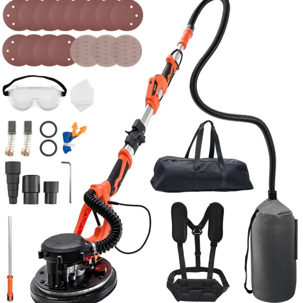 VEVOR Drywall Sander, 1150W Electric Drywall Sander, Popcorn Ceiling Removal Tool with Vacuum Dust Collection, 5 Variable Speed 800-1700 RPM, LED Light, Foldable & Extendable Handle, 15 Sanding Discs