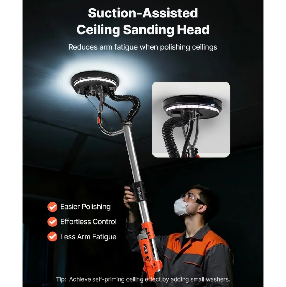 VEVOR Drywall Sander, 1010W Electric Drywall Sander, Popcorn Ceiling Removal Tool with 7 Variable Speed 1000-2200 RPM, Double-Deck LED Light, Foldable & Extendable Handle, 15 Sanding Discs, Dust Hose