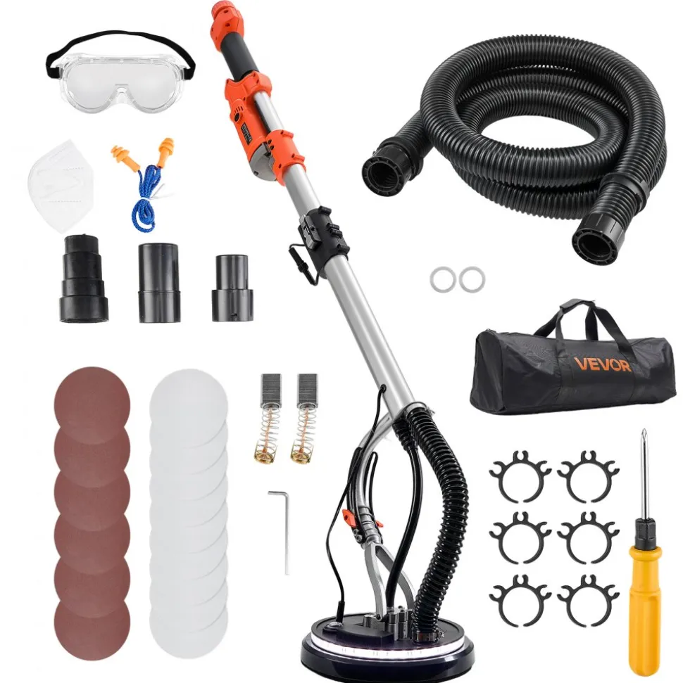 VEVOR Drywall Sander, 1010W Electric Drywall Sander, Popcorn Ceiling Removal Tool with 7 Variable Speed 1000-2200 RPM, Double-Deck LED Light, Foldable & Extendable Handle, 15 Sanding Discs, Dust Hose