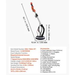 VEVOR Drywall Sander, 1010W Electric Drywall Sander, Popcorn Ceiling Removal Tool with 7 Variable Speed 1000-2200 RPM, Double-Deck LED Light, Foldable & Extendable Handle, 15 Sanding Discs, Dust Hose