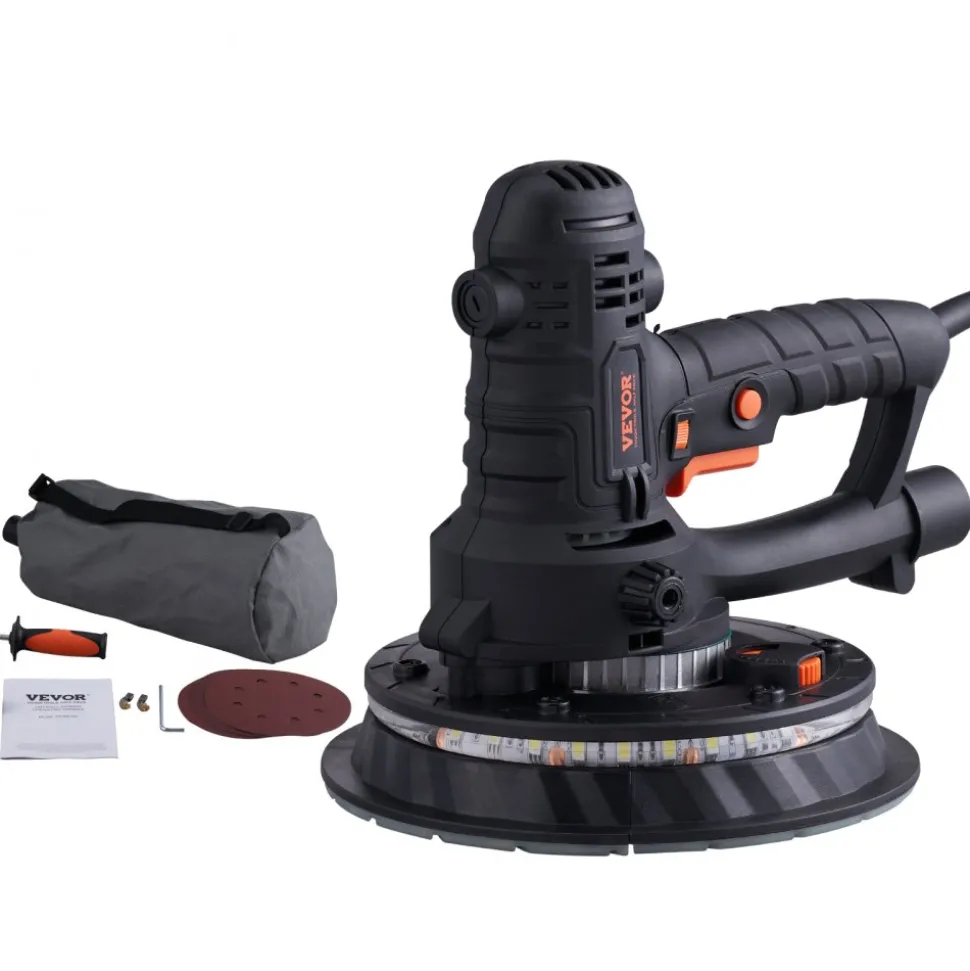 VEVOR Drywall Sander, 950W Electric Drywall Sander, Popcorn Ceiling Removal Tool with 7 Variable Speed 1000-2300 RPM, Double-Deck LED Light, Foldable & Extendable Handle, 15 Sanding Discs, Dust Hose