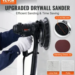 VEVOR Drywall Sander, 950W Electric Drywall Sander, Popcorn Ceiling Removal Tool with 7 Variable Speed 1000-2300 RPM, Double-Deck LED Light, Foldable & Extendable Handle, 15 Sanding Discs, Dust Hose