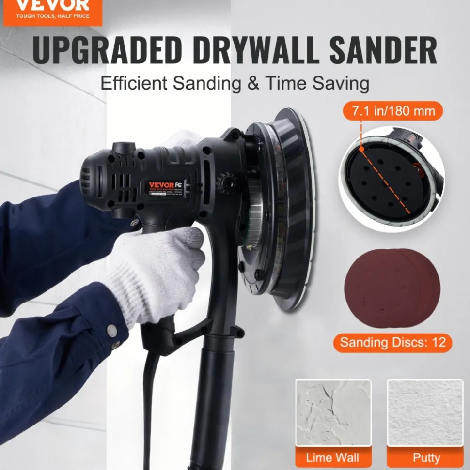 VEVOR Drywall Sander, 950W Electric Drywall Sander, Popcorn Ceiling Removal Tool with 7 Variable Speed 1000-2300 RPM, Double-Deck LED Light, Foldable & Extendable Handle, 15 Sanding Discs, Dust Hose
