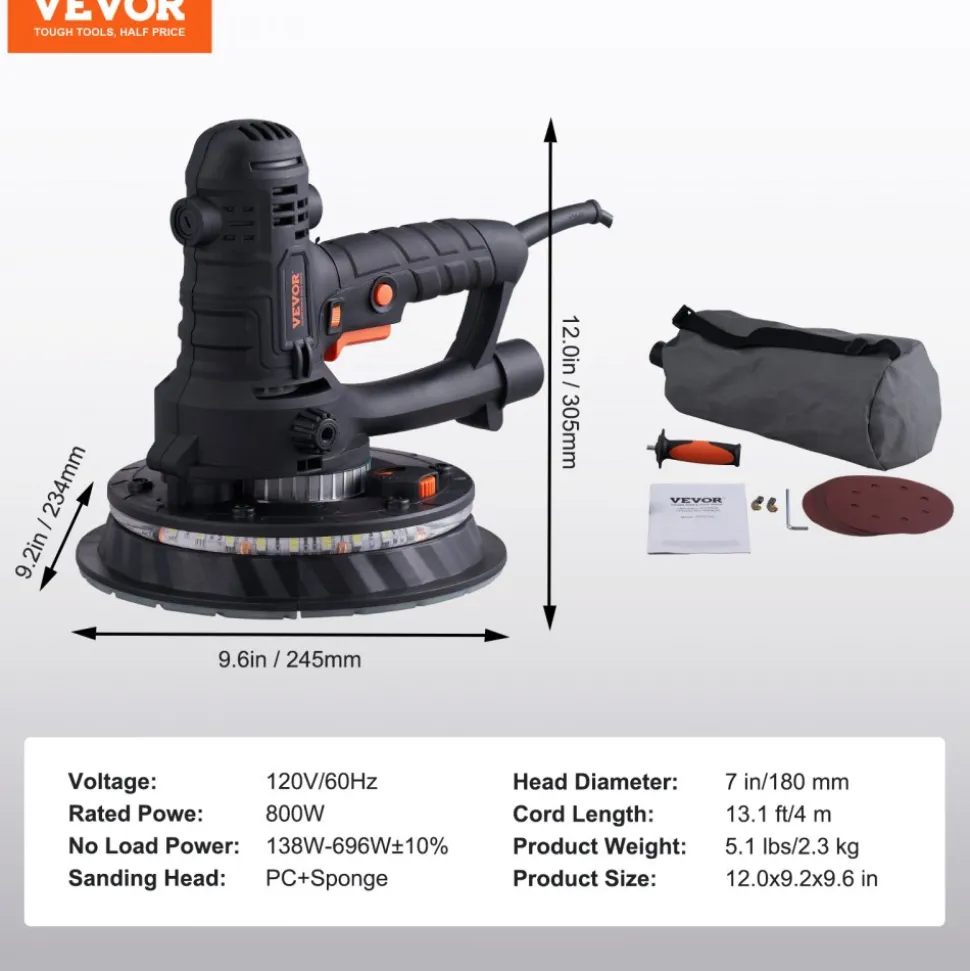 VEVOR Drywall Sander, 950W Electric Drywall Sander, Popcorn Ceiling Removal Tool with 7 Variable Speed 1000-2300 RPM, Double-Deck LED Light, Foldable & Extendable Handle, 15 Sanding Discs, Dust Hose