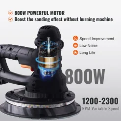 VEVOR Drywall Sander, 950W Electric Drywall Sander, Popcorn Ceiling Removal Tool with 7 Variable Speed 1000-2300 RPM, Double-Deck LED Light, Foldable & Extendable Handle, 15 Sanding Discs, Dust Hose