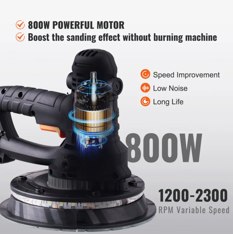 VEVOR Drywall Sander, 950W Electric Drywall Sander, Popcorn Ceiling Removal Tool with 7 Variable Speed 1000-2300 RPM, Double-Deck LED Light, Foldable & Extendable Handle, 15 Sanding Discs, Dust Hose