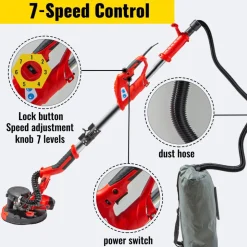 VEVOR Drywall Sander 850W Electric, Electric Sander Variable Speed 800-1750RPM, Drywall Sander Foldable Sheetrock Sander, with Telescope Handle, Vacuum Bag Drywall Sanders 6 Sand Pads