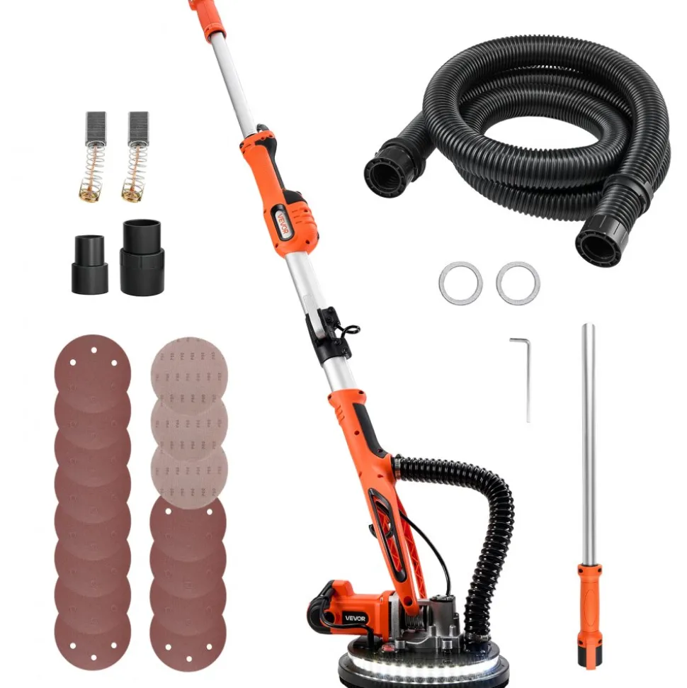 VEVOR Drywall Sander, 850W Electric Drywall Sander, Popcorn Ceiling Removal Tool with 5 Variable Speed 800-1700 RPM, Double-Deck LED Light, Foldable & Extendable Handle, 15 Sanding Discs, Dust Hose