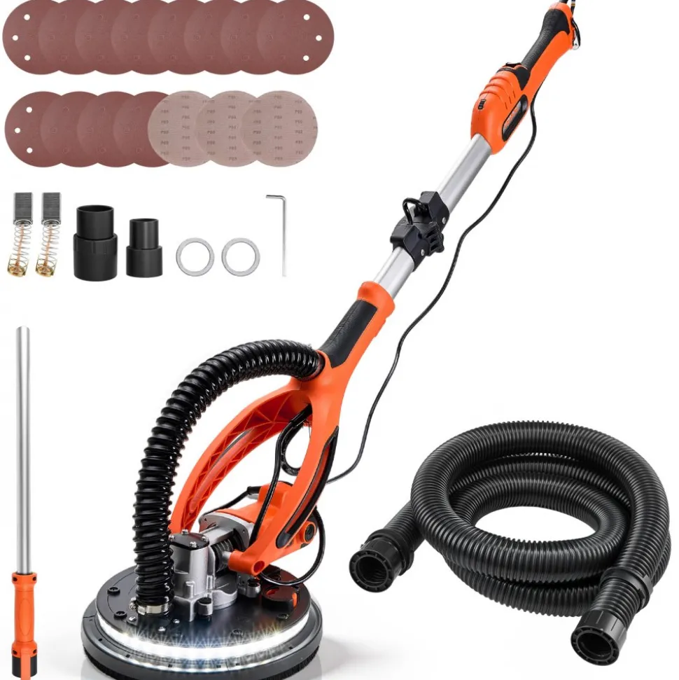 VEVOR Drywall Sander, 850W Electric Drywall Sander, Popcorn Ceiling Removal Tool with 5 Variable Speed 800-1700 RPM, Double-Deck LED Light, Foldable & Extendable Handle, 15 Sanding Discs, Dust Hose