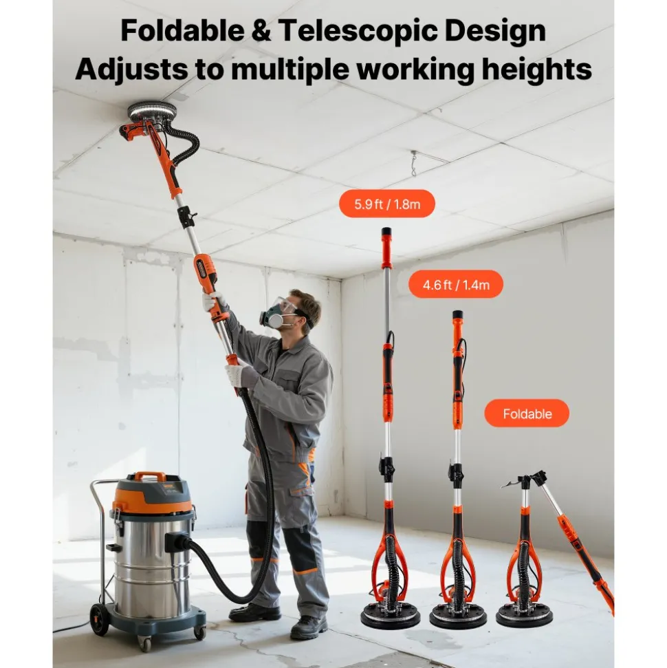 VEVOR Drywall Sander, 850W Electric Drywall Sander, Popcorn Ceiling Removal Tool with 5 Variable Speed 800-1700 RPM, Double-Deck LED Light, Foldable & Extendable Handle, 15 Sanding Discs, Dust Hose