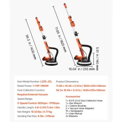 VEVOR Drywall Sander, 850W Electric Drywall Sander, Popcorn Ceiling Removal Tool with 5 Variable Speed 800-1700 RPM, Double-Deck LED Light, Foldable & Extendable Handle, 15 Sanding Discs, Dust Hose
