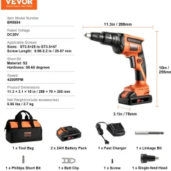 VEVOR Drywall Screw Gun, 20V Max Drywall Screwgun, 4200RPM Brushless Cordless Drywall Gun Kit with 2 Battery Packs, Charger, Belt Clip, and Tool Bag, Forward and Reverse Adjustable, Built-in LED Light