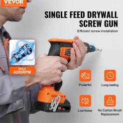VEVOR Drywall Screw Gun, 20V Max Drywall Screwgun, 4200RPM Brushless Cordless Drywall Gun Kit with 2 Battery Packs, Charger, Belt Clip, and Tool Bag, Forward and Reverse Adjustable, Built-in LED Light