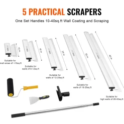 VEVOR Drywall Skimming Blade Set, 10/16/24/32/40 in Skimming Blades + 34-81.6 in Extension Handle Pole, Stainless Steel Knife Professional Skim Coat Tools, for Gyprock/WallBoard/Plasterboard