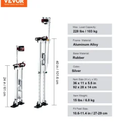VEVOR Drywall Stilts, 24''-40'' Adjustable Aluminum Tool Stilts with Protective Knee Pads, Durable and Non-slip Work Stilts for Sheetrock Painting, Walking, Taping, Silver