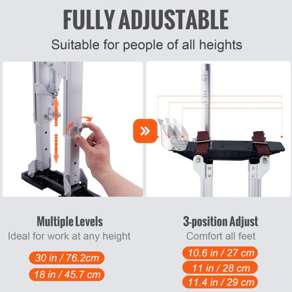 VEVOR Drywall Stilts, 18''-30'' Adjustable Aluminum Tool Stilts with Protective Knee Pads, Durable and Non-slip Work Stilts for Sheetrock Painting, Walking, Taping, Silver