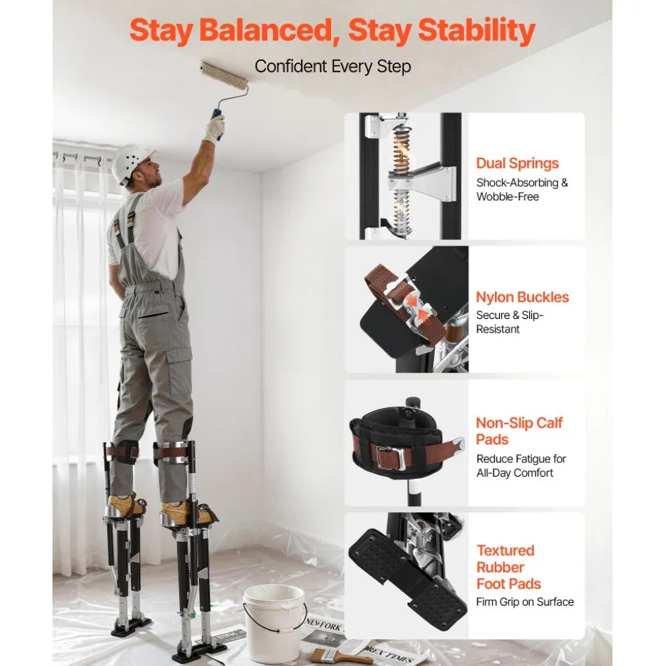 VEVOR Drywall Stilts, 19.1–31.1 in Adjustable Aluminum Painter Stilts, 228 lbs Load Capacity, Non-Slip Rubber Feet, Dual Spring Shock Absorption, Comfortable Leg Straps for Painting, Decoration, Black