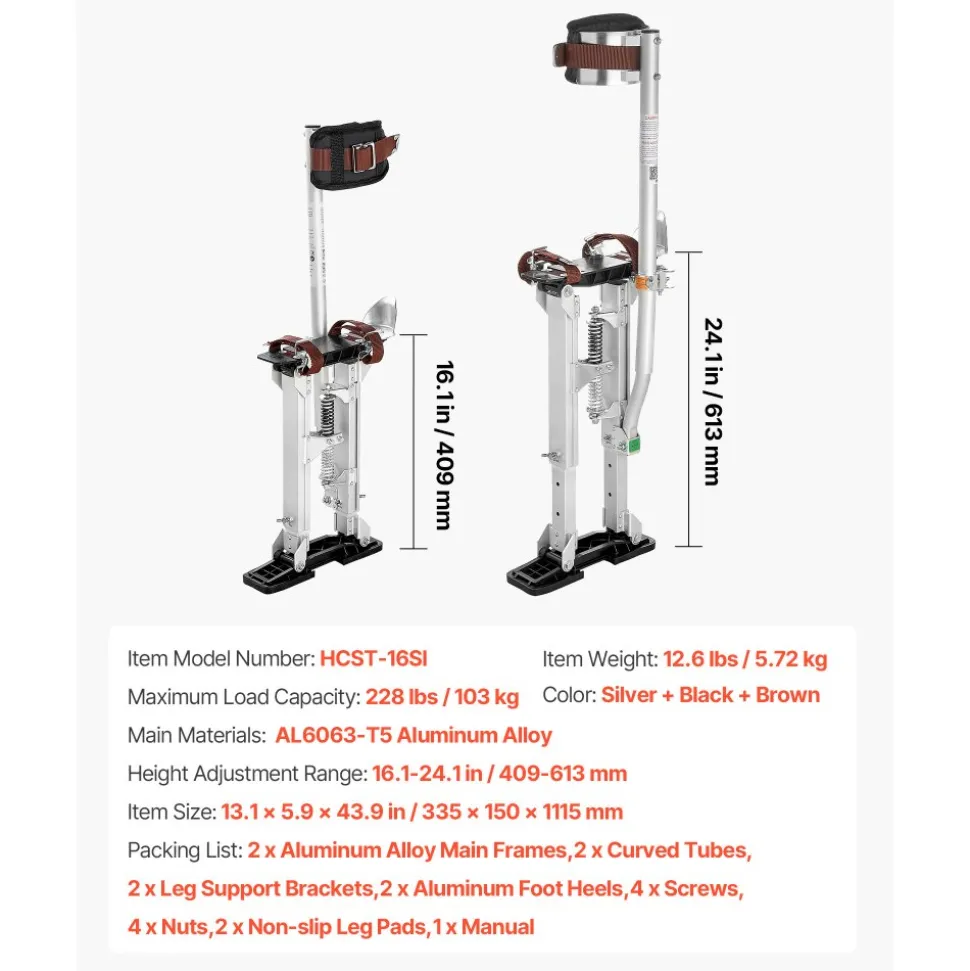 VEVOR Drywall Stilts, 16.1–24.1 in Adjustable Aluminum Painter Stilts, 228 lbs Load Capacity, Non-Slip Rubber Feet, Dual Spring Shock Absorption, Comfortable Leg Straps for Painting, Decoration,Silver