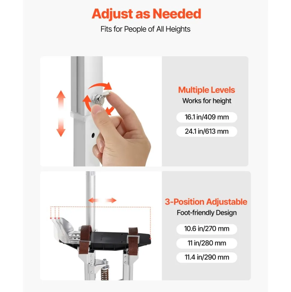 VEVOR Drywall Stilts, 16.1–24.1 in Adjustable Aluminum Painter Stilts, 228 lbs Load Capacity, Non-Slip Rubber Feet, Dual Spring Shock Absorption, Comfortable Leg Straps for Painting, Decoration,Silver