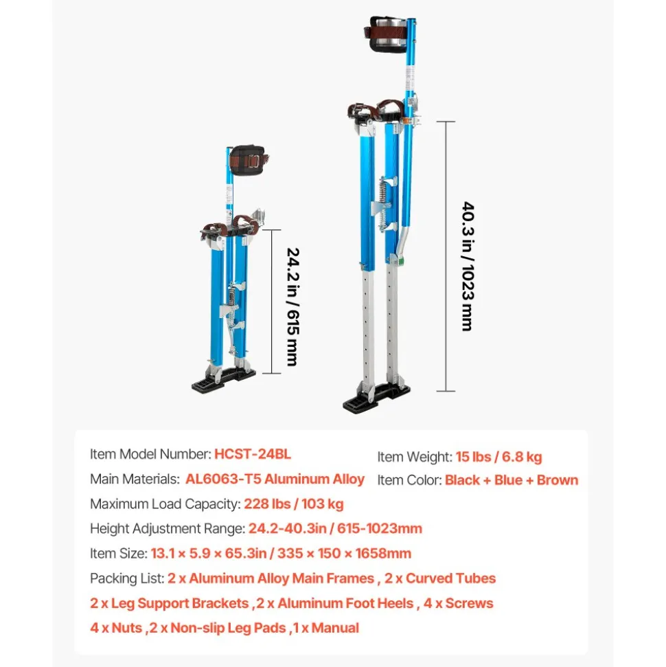VEVOR Drywall Stilts, 24.2–40.3 Inch Adjustable Aluminum Painter Stilts, 228 lbs Load Capacity, Non-Slip Rubber Feet, Dual Spring Shock Absorption, Comfortable Leg Straps for Painting, Decoration,Blue