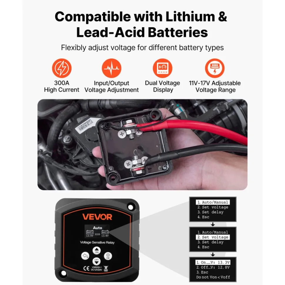 VEVOR Dual Battery Isolator Kit, 12V 300 Amp 20 ft 2AWG, Manual and Automatic VSR Voltage Sensitive Relay with Voltmeter, LCD Screen, Smart Battery Isolator, Compatible with Lithium Batteries, for UTV