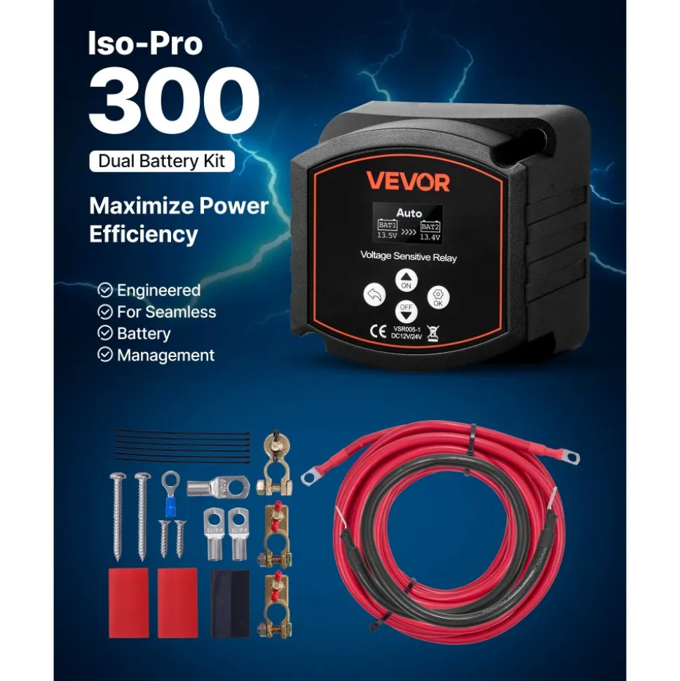 VEVOR Dual Battery Isolator Kit, 12V 300 Amp 20 ft 2AWG, Manual and Automatic VSR Voltage Sensitive Relay with Voltmeter, LCD Screen, Smart Battery Isolator, Compatible with Lithium Batteries, for UTV