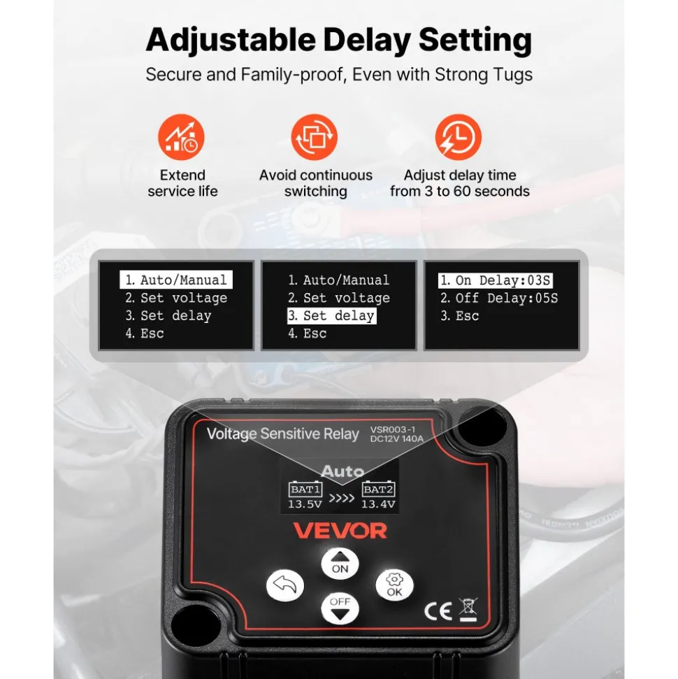 VEVOR Dual Battery Isolator Kit, 12V 140 Amp 20 ft 6AWG, Manual and Automatic VSR Voltage Sensitive Relay with Voltmeter, LCD Screen, Smart Battery Isolator, Compatible with Lithium Batteries, for UTV