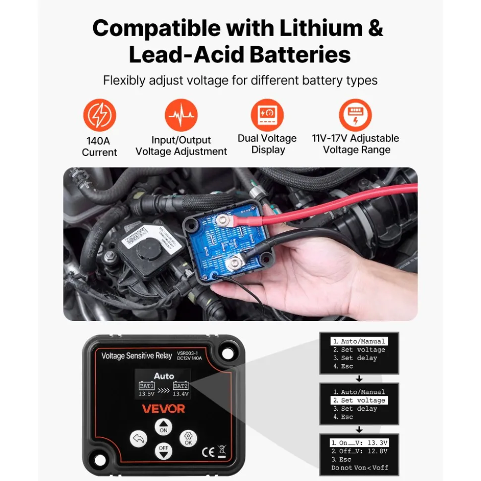 VEVOR Dual Battery Isolator Kit, 12V 140 Amp 20 ft 6AWG, Manual and Automatic VSR Voltage Sensitive Relay with Voltmeter, LCD Screen, Smart Battery Isolator, Compatible with Lithium Batteries, for UTV