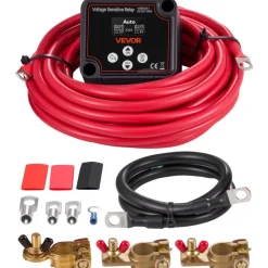 VEVOR Dual Battery Isolator Kit, 12V 140 Amp 20 ft 6AWG, Manual and Automatic VSR Voltage Sensitive Relay with Voltmeter, LCD Screen, Smart Battery Isolator, Compatible with Lithium Batteries, for UTV