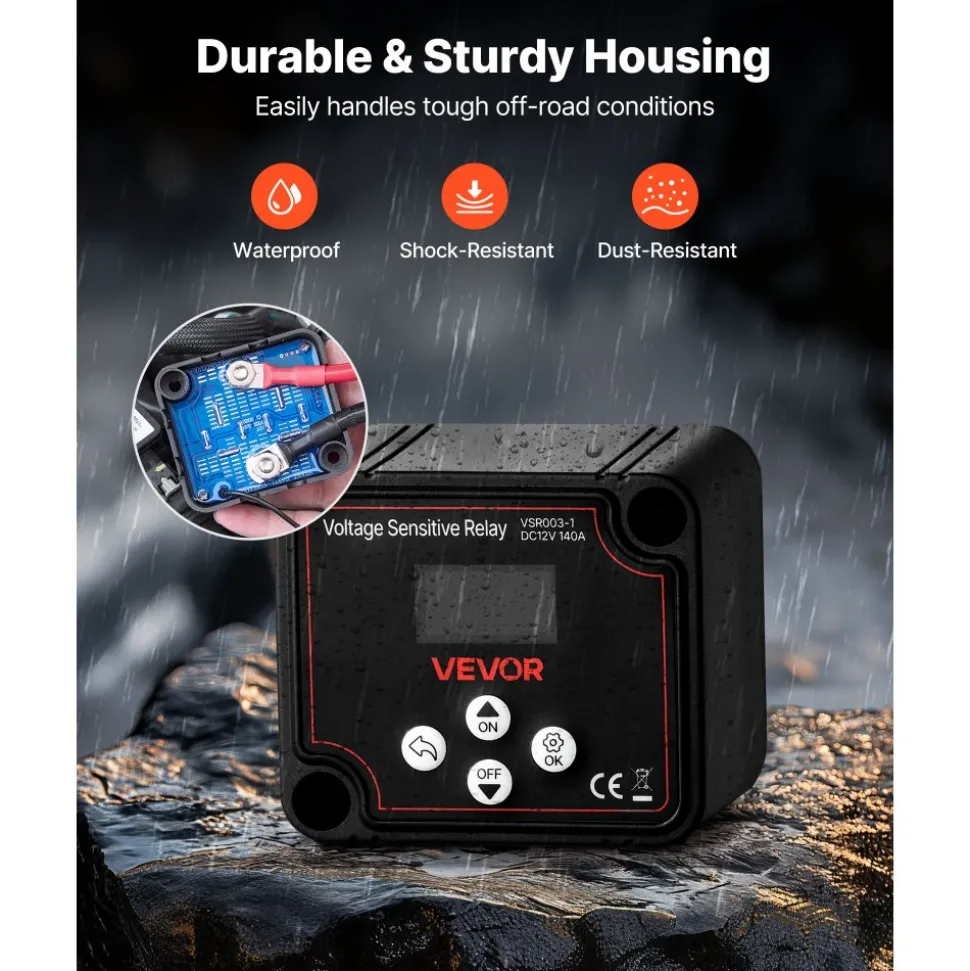 VEVOR Dual Battery Isolator Kit, 12V 140 Amp 20 ft 6AWG, Manual and Automatic VSR Voltage Sensitive Relay with Voltmeter, LCD Screen, Smart Battery Isolator, Compatible with Lithium Batteries, for UTV