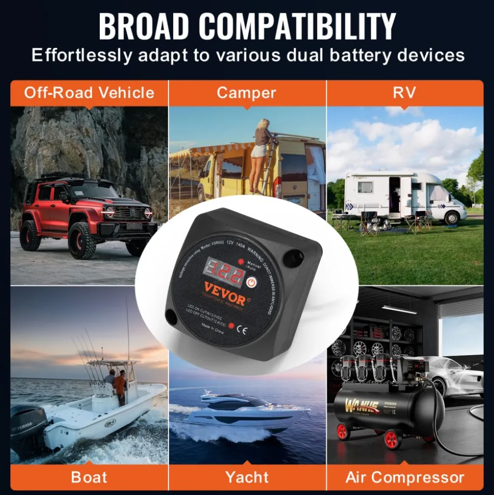 VEVOR Dual Battery Isolator Kit, 12V 140Amp, Manual and Auto Modes VSR Voltage Sensitive Relay with LCD Screen, Smart Battery Isolator for ATV UTV RV Camper Off-Road Vehicle Caravan Truck Boat Yacht