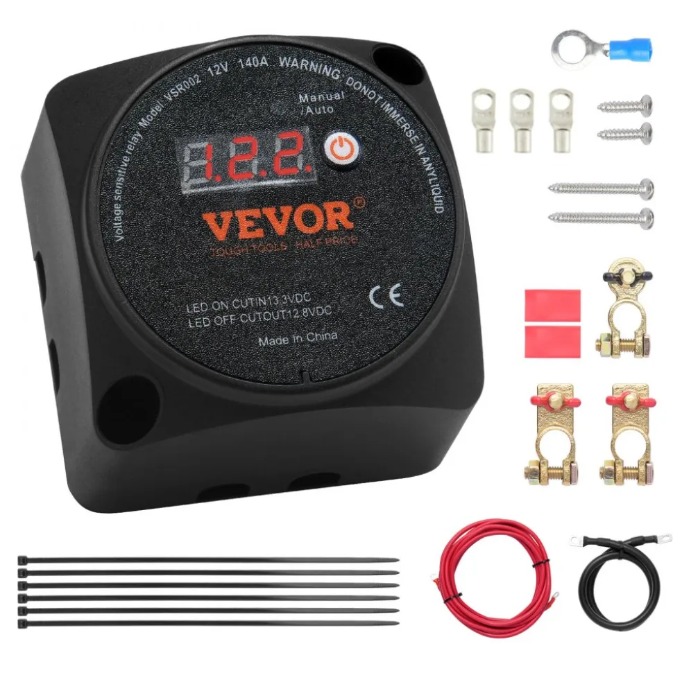 VEVOR Dual Battery Isolator Kit, 12V 140Amp, Manual and Auto Modes VSR Voltage Sensitive Relay with LCD Screen, Smart Battery Isolator for ATV UTV RV Camper Off-Road Vehicle Caravan Truck Boat Yacht