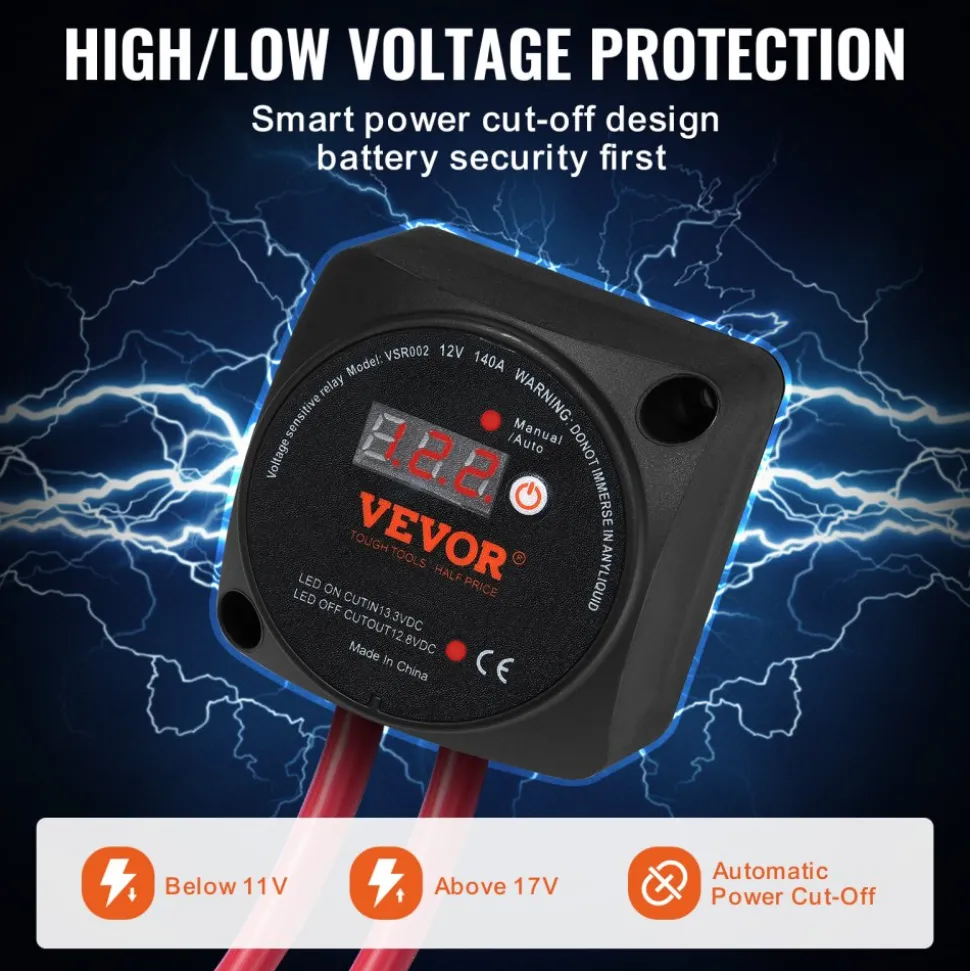 VEVOR Dual Battery Isolator Kit, 12V 140Amp, Manual and Auto Modes VSR Voltage Sensitive Relay with LCD Screen, Smart Battery Isolator for ATV UTV RV Camper Off-Road Vehicle Caravan Truck Boat Yacht