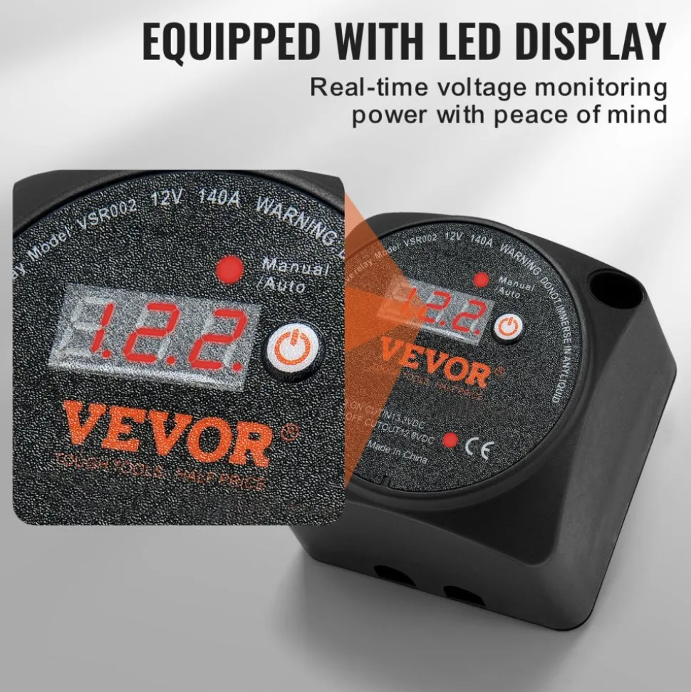 VEVOR Dual Battery Isolator Kit, 12V 140Amp, Manual and Auto Modes VSR Voltage Sensitive Relay with LCD Screen, Smart Battery Isolator for ATV UTV RV Camper Off-Road Vehicle Caravan Truck Boat Yacht
