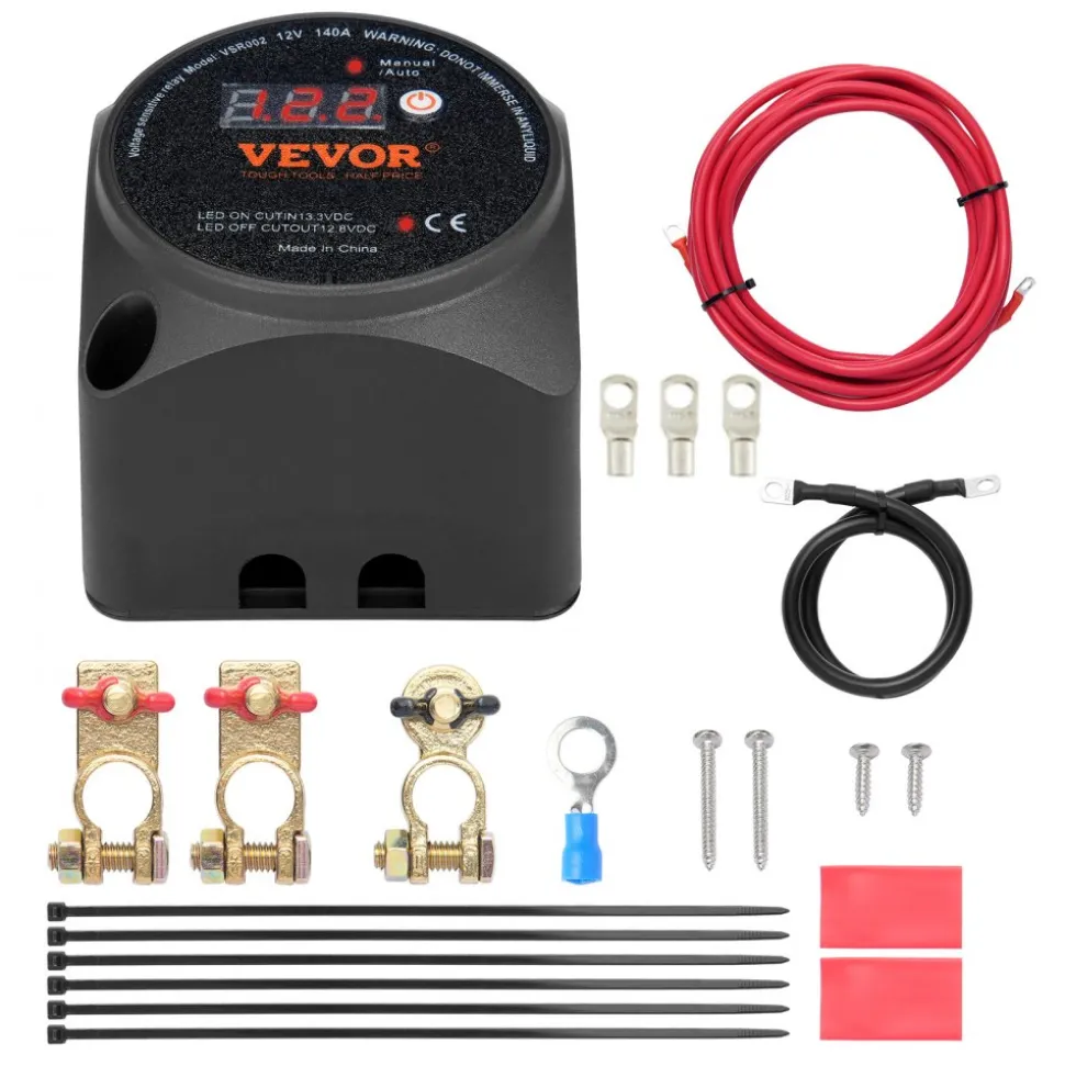 VEVOR Dual Battery Isolator Kit, 12V 140Amp, Manual and Auto Modes VSR Voltage Sensitive Relay with LCD Screen, Smart Battery Isolator for ATV UTV RV Camper Off-Road Vehicle Caravan Truck Boat Yacht