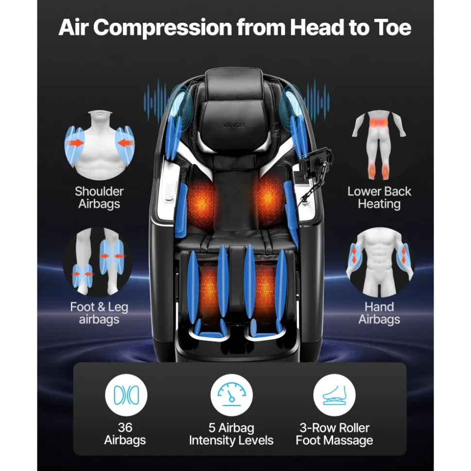 VEVOR Dual-Core 4D+3D Full Body Massage Chair, with Extended SL Track, Deep Yoga Stretch, Electric Extendable Footrest, TFT, AI Voice Control, Heat, Airbags, Armrest Controls, Wheels