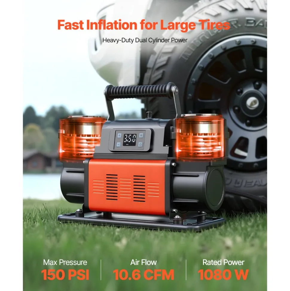 VEVOR Dual-Cylinder Heavy Duty Air Compressor, 10.6CFM Auto-Stop Portable Tire Inflator, 12V 150PSI Offroad Air Pump with LCD Digital Display & Adapters for Truck Car SUV 4 x 4 Vehicle RV