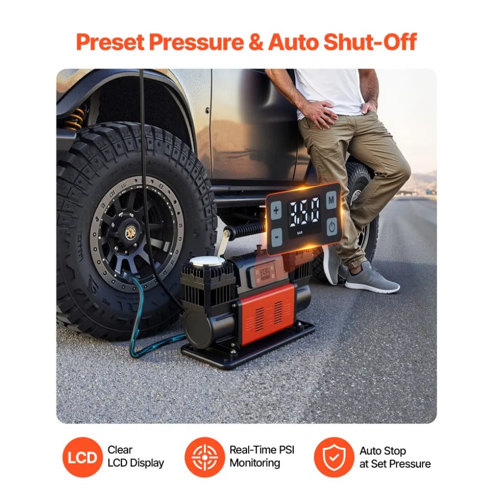 VEVOR Dual-Cylinder Heavy Duty Air Compressor, 10.6CFM Auto-Stop Portable Tire Inflator, 12V 150PSI Offroad Air Pump with LCD Digital Display & Adapters for Truck Car SUV 4 x 4 Vehicle RV