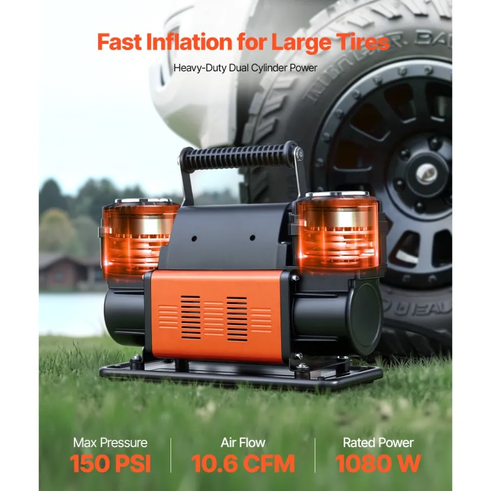 VEVOR Dual-Cylinder Heavy Duty Air Compressor, 10.6CFM Portable Tire Inflator, 12V 150PSI Offroad Air Pump with Digital Pressure Gauge & Adapters for Truck Car SUV 4 x 4 Vehicle RV