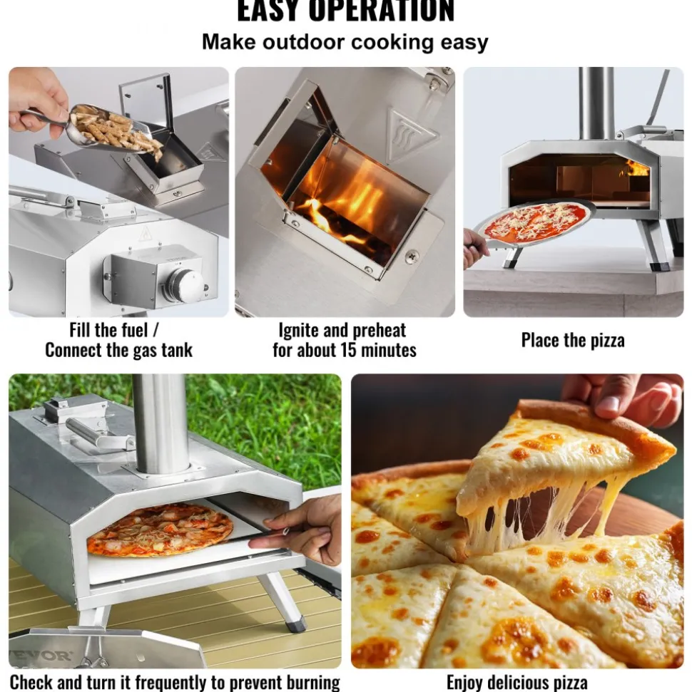 VEVOR Dual Fuel Pizza Oven for Outdoor Use, 12" Portable Pizza Oven, Pellet & Gas Powered Outdoor Pizza Oven with Thickened Cordierite Pizza Stone, Foldable Leg for Camping & Backyard