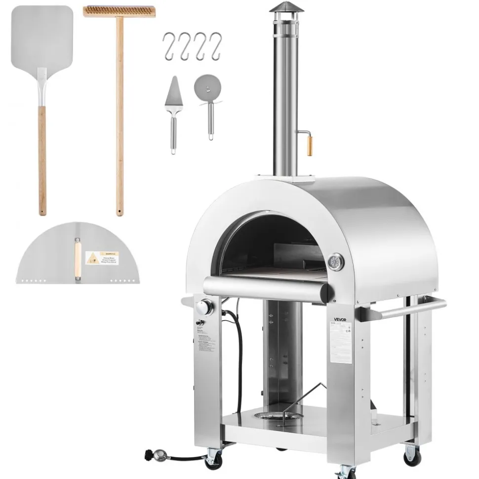 VEVOR Dual Fuel Pizza Oven Outdoor, 26 in Portable Pizza Oven, Pellet & Gas Powered Outdoor Pizza-Maker with Thickened Cordierite Pizza-Stone, Easy to Move with Casters, for Camping and Backyard