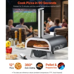 VEVOR Dual Fuel Pizza Oven Outdoor, 12 in Wood Fire & Propane Gas Pizza Oven, Pellet & Propane Pizza-Maker with Thermometer, Iron Spray Electric Rotation Pizza-Cook for Outside Camping & Backyard