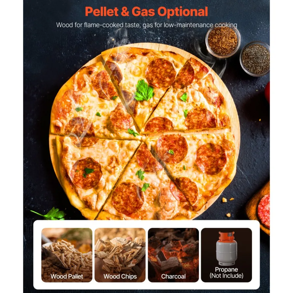 VEVOR Dual Fuel Pizza Oven Outdoor, 12 in Wood Fire & Propane Gas Pizza Oven, Pellet & Propane Pizza-Maker with Thermometer, Iron Spray Electric Rotation Pizza-Cook for Outside Camping & Backyard