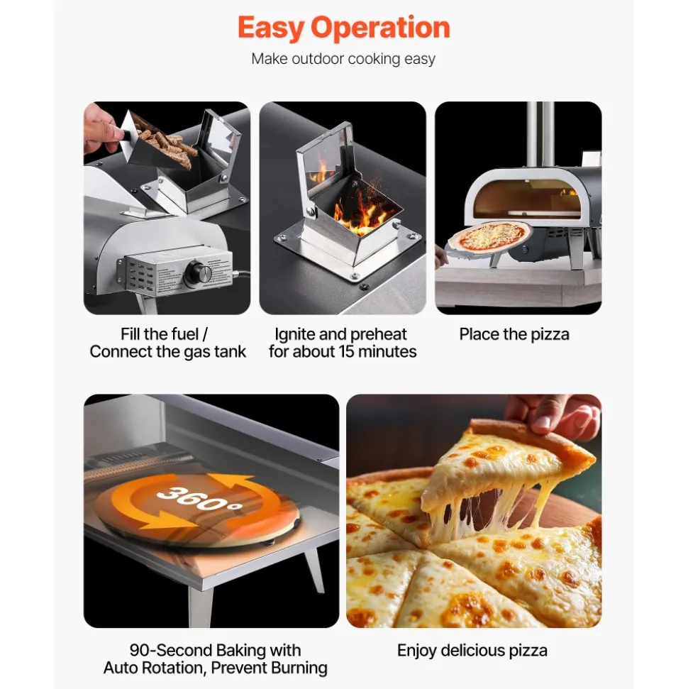 VEVOR Dual Fuel Pizza Oven Outdoor, 12 in Wood Fire & Propane Gas Pizza Oven, Pellet & Propane Pizza-Maker with Thermometer, Iron Spray Electric Rotation Pizza-Cook for Outside Camping & Backyard