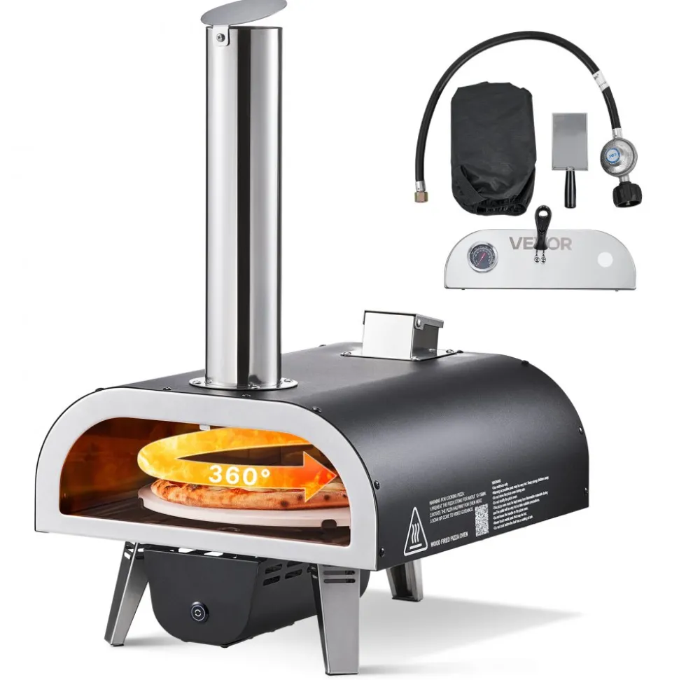 VEVOR Dual Fuel Pizza Oven Outdoor, 12 in Wood Fire & Propane Gas Pizza Oven, Pellet & Propane Pizza-Maker with Thermometer, Iron Spray Electric Rotation Pizza-Cook for Outside Camping & Backyard