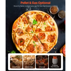 VEVOR Dual Fuel Pizza Oven Outdoor, 16 in Wood Fire & Propane Gas Pizza Oven, Portable Pellet & Propane Pizza-Maker with Thermometer, Iron Spray Black Shell Pizza-Cook for Outside Camping & Backyard