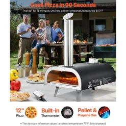 VEVOR Dual Fuel Pizza Oven Outdoor, 12 in Wood Fire & Propane Gas Pizza Oven, Portable Pellet & Propane Pizza-Maker with Thermometer, Iron Spray Black Shell Pizza-Cook for Outside Camping & Backyard