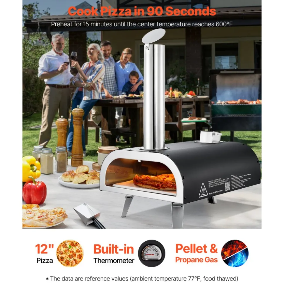VEVOR Dual Fuel Pizza Oven Outdoor, 12 in Wood Fire & Propane Gas Pizza Oven, Portable Pellet & Propane Pizza-Maker with Thermometer, Iron Spray Black Shell Pizza-Cook for Outside Camping & Backyard