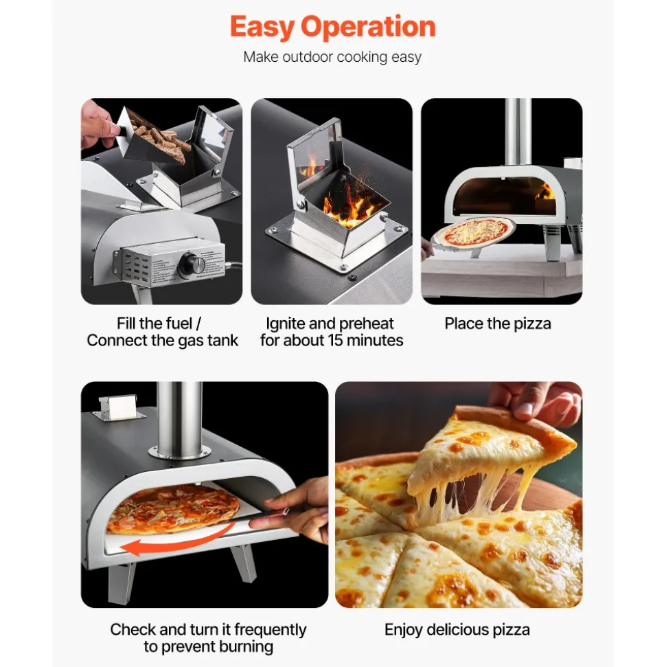 VEVOR Dual Fuel Pizza Oven Outdoor, 12 in Wood Fire & Propane Gas Pizza Oven, Portable Pellet & Propane Pizza-Maker with Thermometer, Iron Spray Black Shell Pizza-Cook for Outside Camping & Backyard
